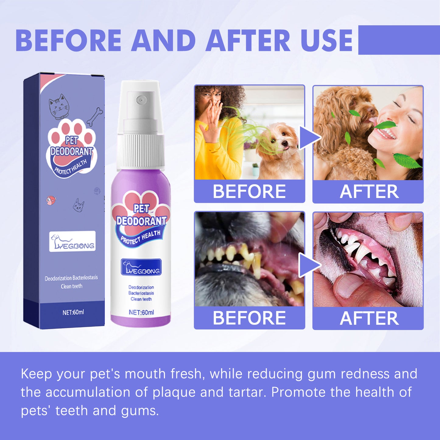 Yegbong Dog Bad Breath Eliminator Spray Pet Oral Cleaning Cat Deodorizing and Freshening Spray