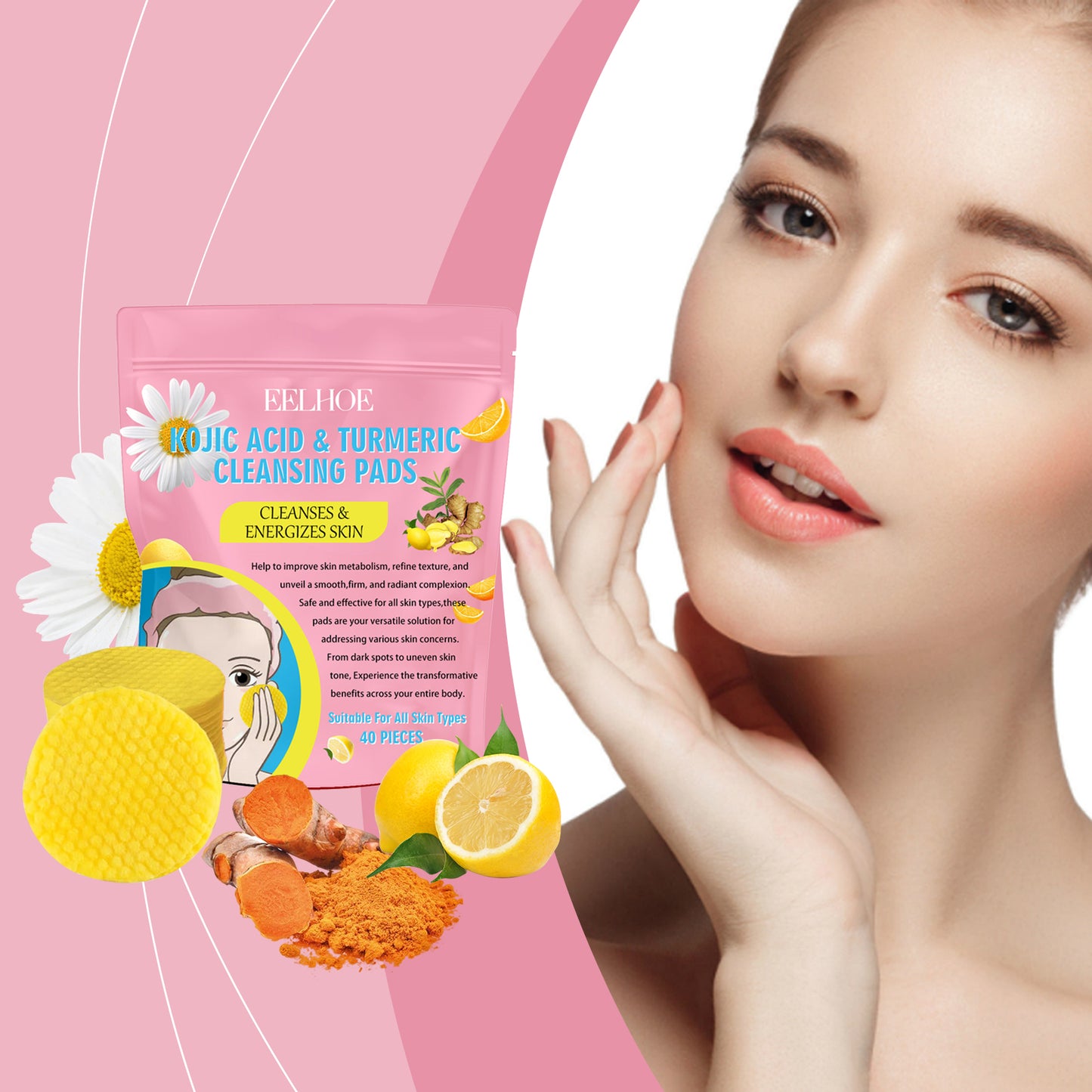 EELHOE Turmeric Kojic Acid Cleansing Pad Gentle cleansing skincare reduces acne, brightens the face, and refines pores