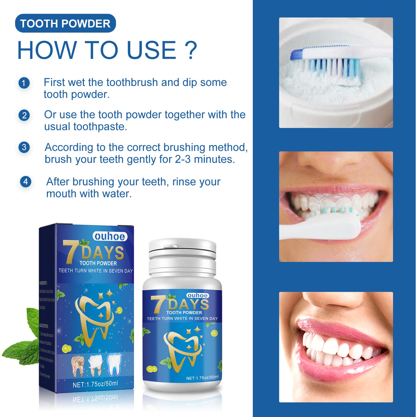 OUHOE Teeth Whitening Cleaning Powder Teeth Whitening Stain Removal Freshening Oral Teeth Cleaning Powder