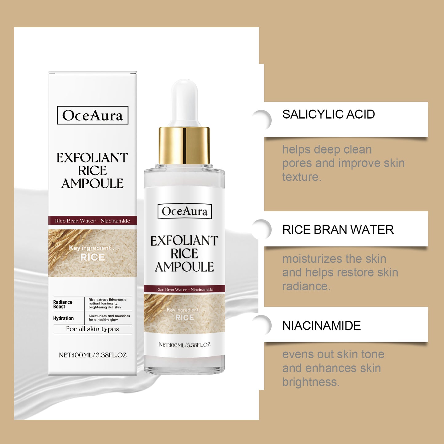 OceAura Rice Moisturizing Exfoliating Liquid Moisturizing, hydrating, gentle exfoliating, skin care, and softening lotion