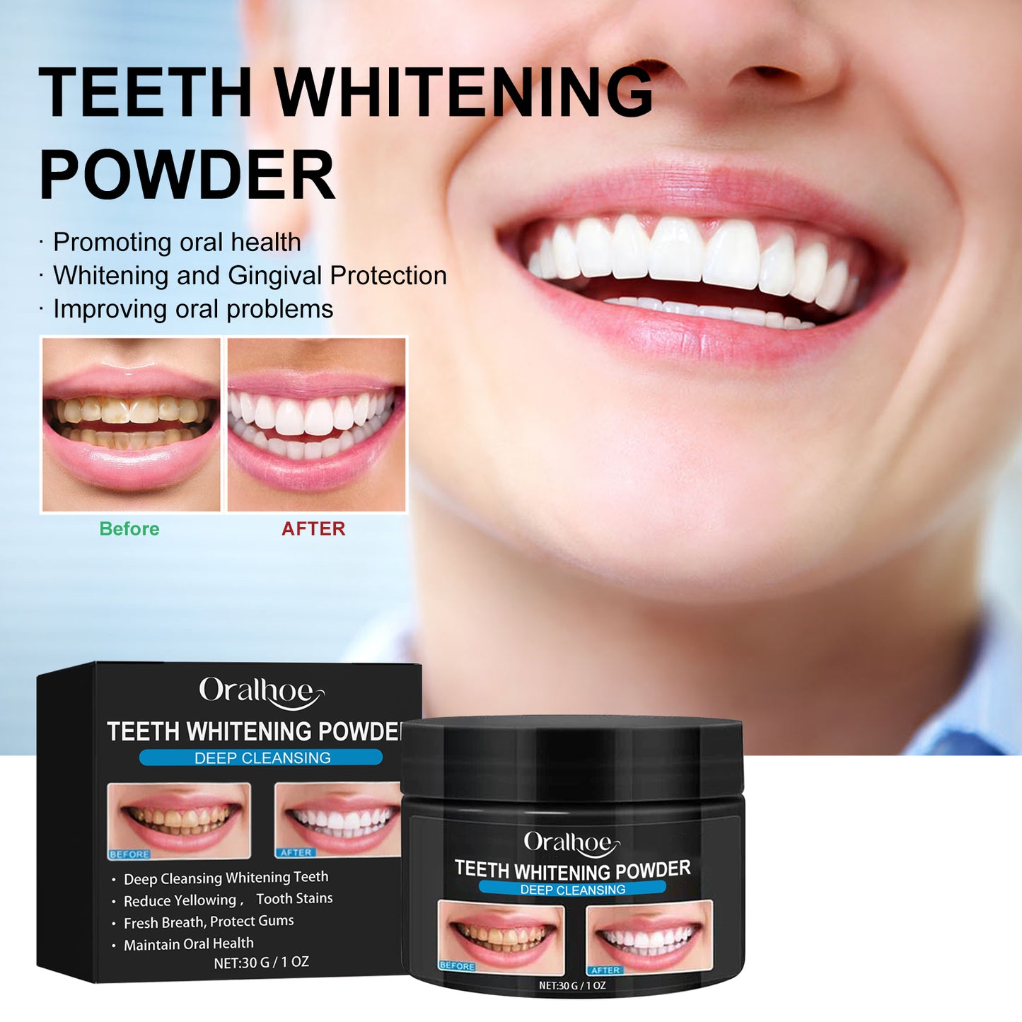Oralhoe Activated Carbon Teeth Whitening Powder Teeth Whitening, Teeth Cleaning, Tartar Removal, Yellow Teeth, Smoke Teeth, Oral Care