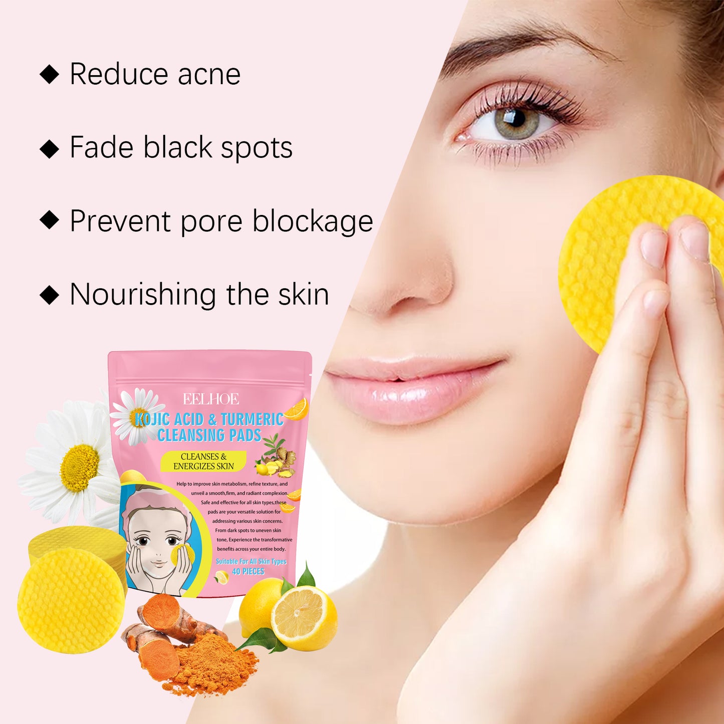 EELHOE Turmeric Kojic Acid Cleansing Pad Gentle cleansing skincare reduces acne, brightens the face, and refines pores