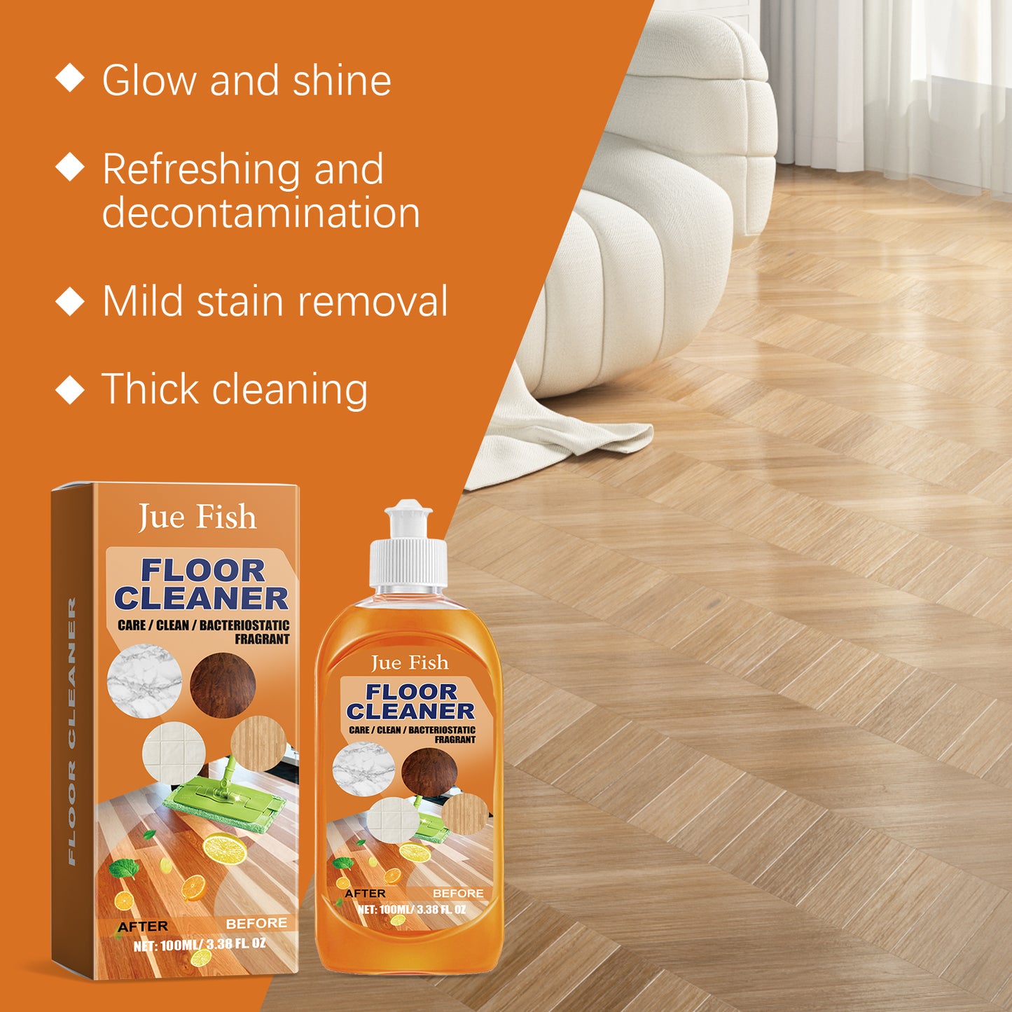 Jue-Fish Floor Cleaner Wood Floor Cleaning Polishing Brightening Powerful Stain Removal Descaling Tile Cleaner