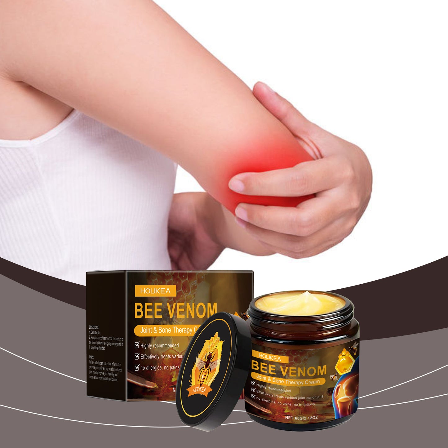 Houkea Bee Venom Joint Neck Cream Mild ingredients relieve discomfort on neck, knees, and legs for massage care application