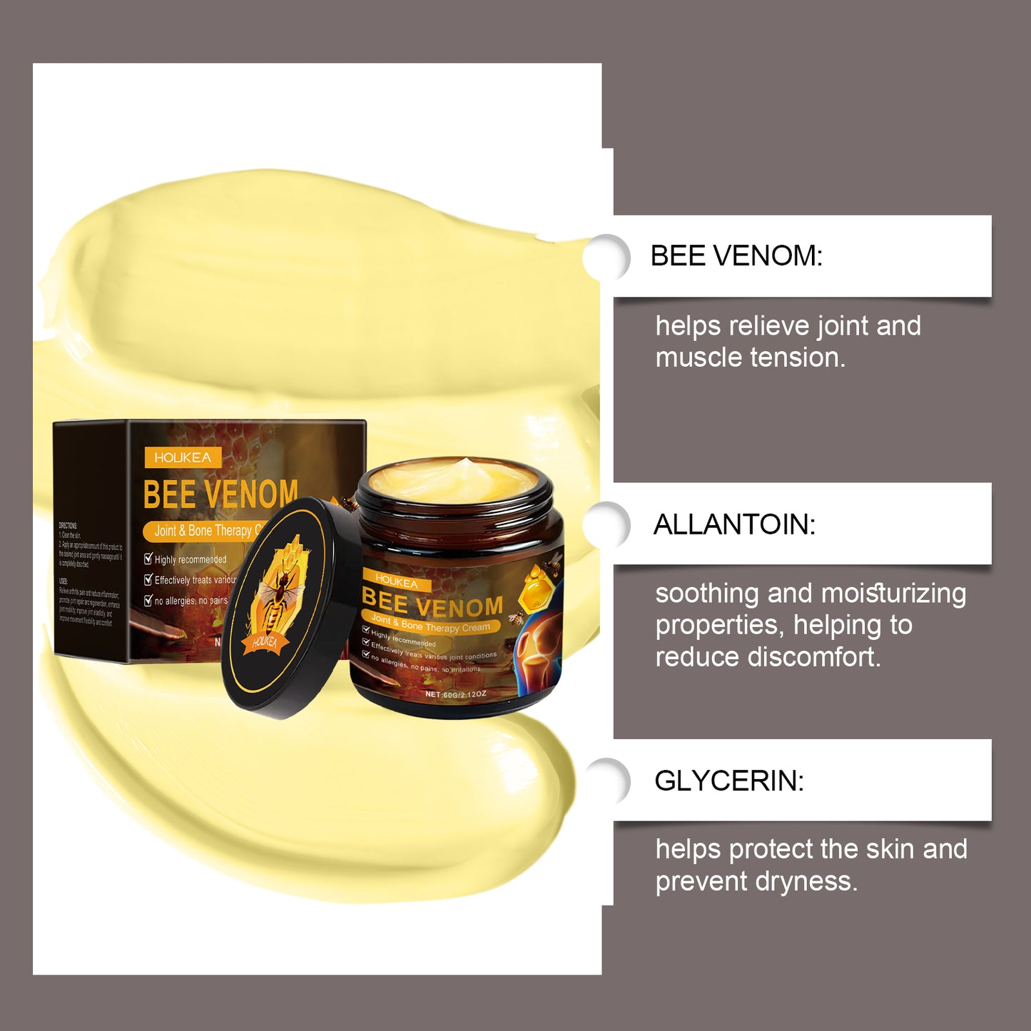 Houkea Bee Venom Joint Neck Cream Mild ingredients relieve discomfort on neck, knees, and legs for massage care application