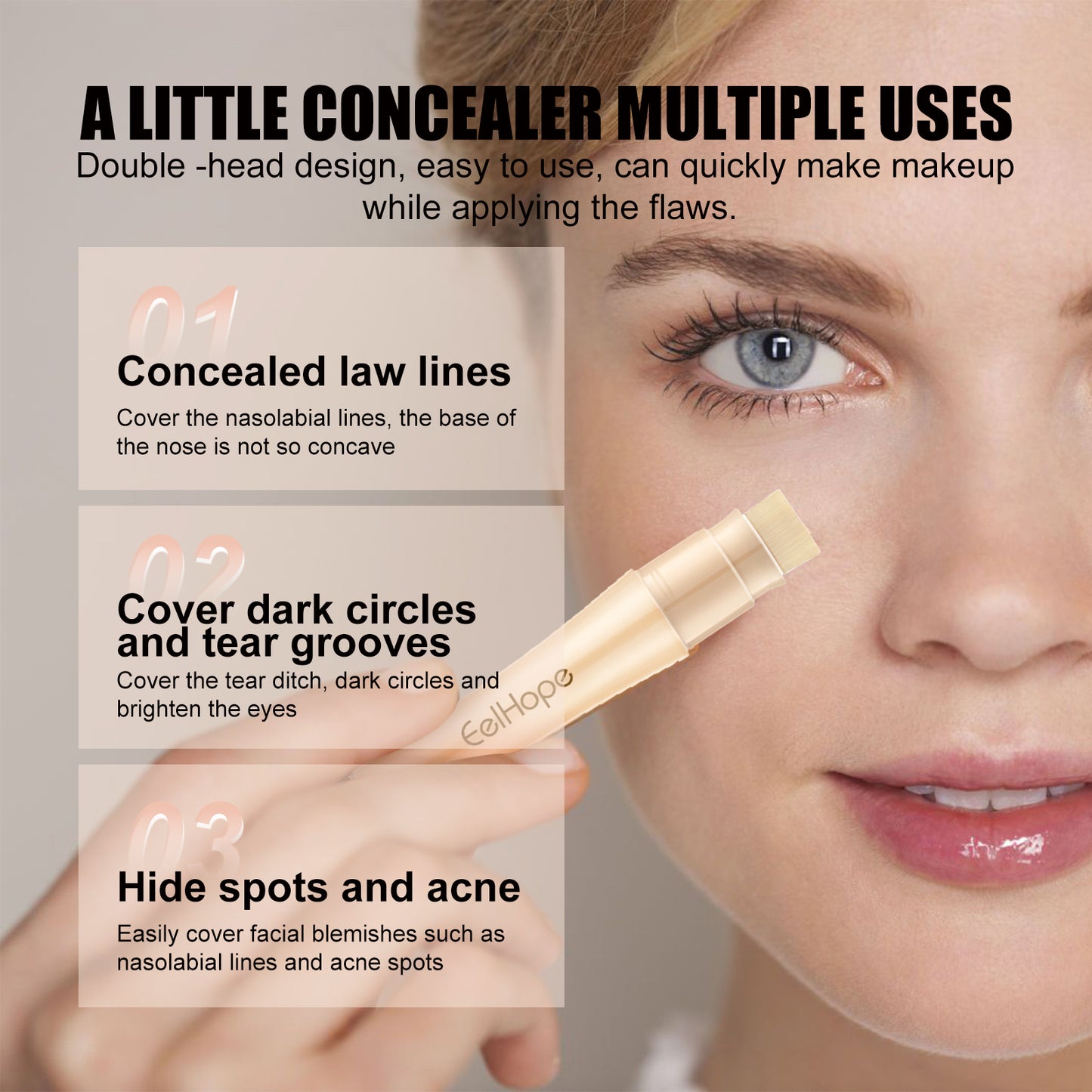 Eelhope Double-ended Concealer Stick（Brighten skin） Clear and Brightening Concealer Stick, Waterproof and Sweatproof, Three-Dimensional Contouring Concealer