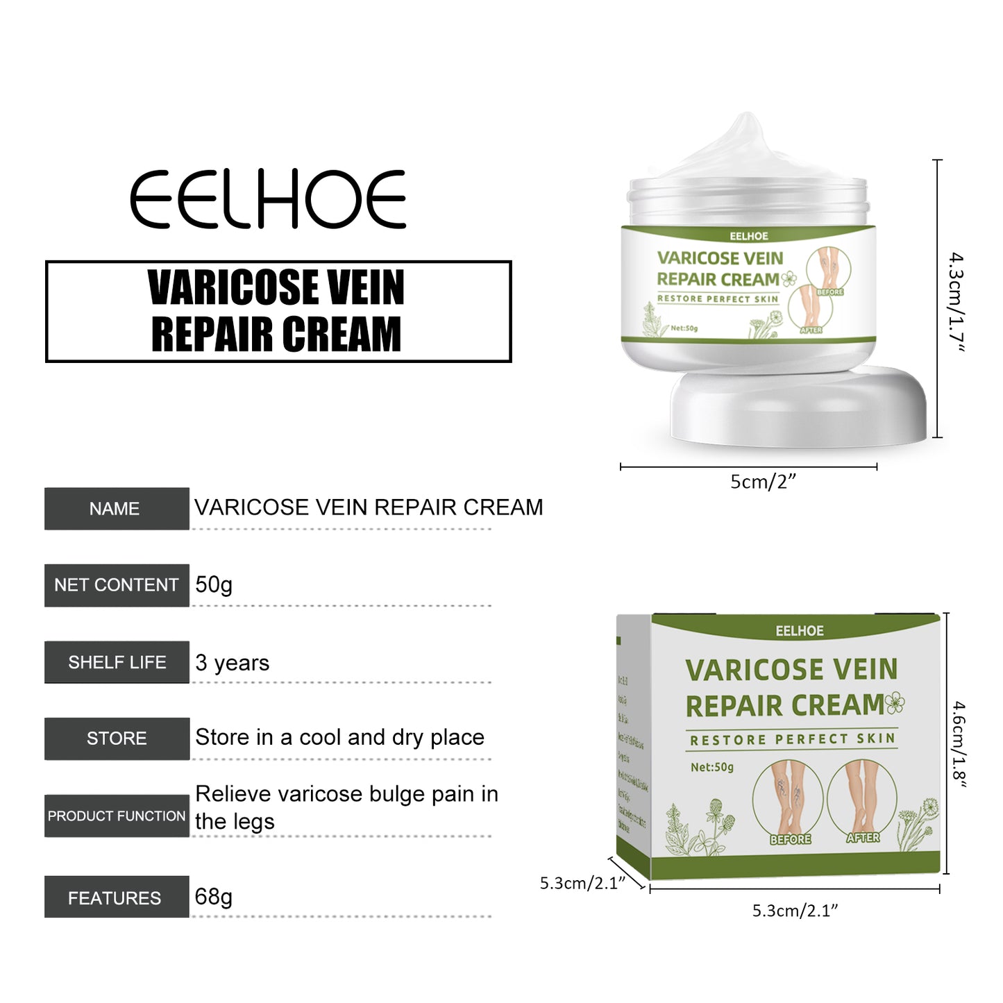 EELHOE Leg Repair Cream Relieve Leg Discomfort Massage Leg Vein Protrusion Pulse Health Repair Cream