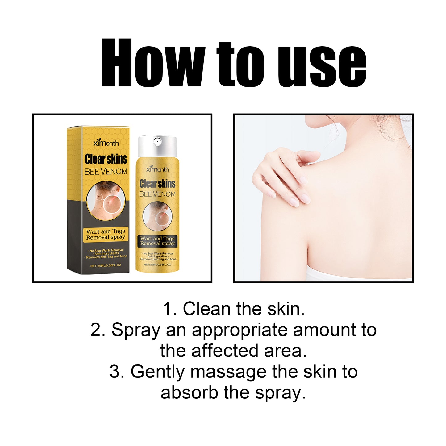 Ximonth Bee Venom Wart Care Spray Clean and fade body moles, smooth skin, and repair spray