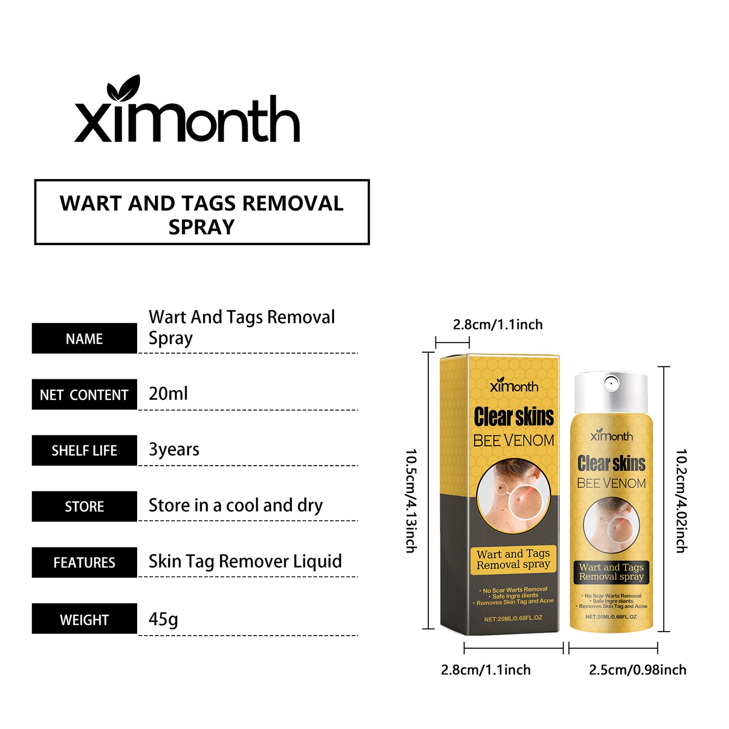 Ximonth Bee Venom Wart Care Spray Clean and fade body moles, smooth skin, and repair spray