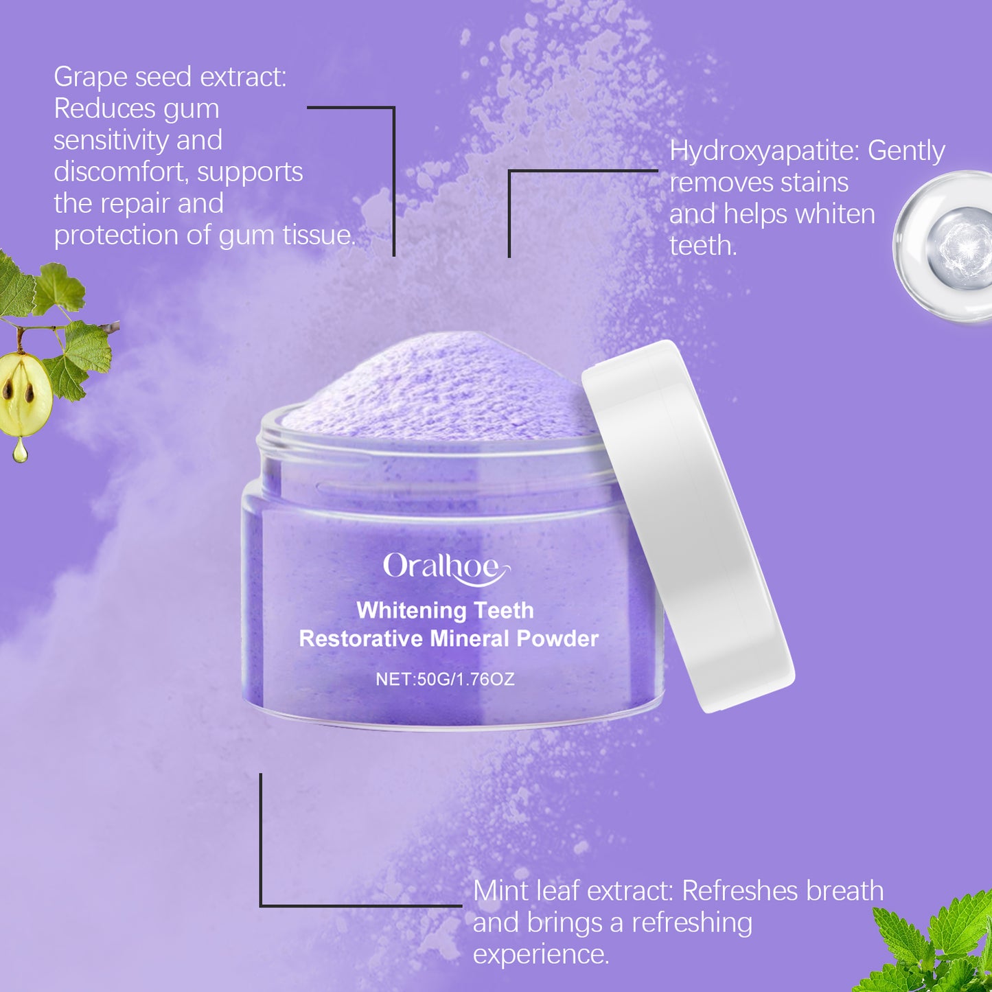 Oralhoe Purple Whitening Tooth Powder Gentle Oral Cleaning Care Fresh Breath Clean Care Teeth