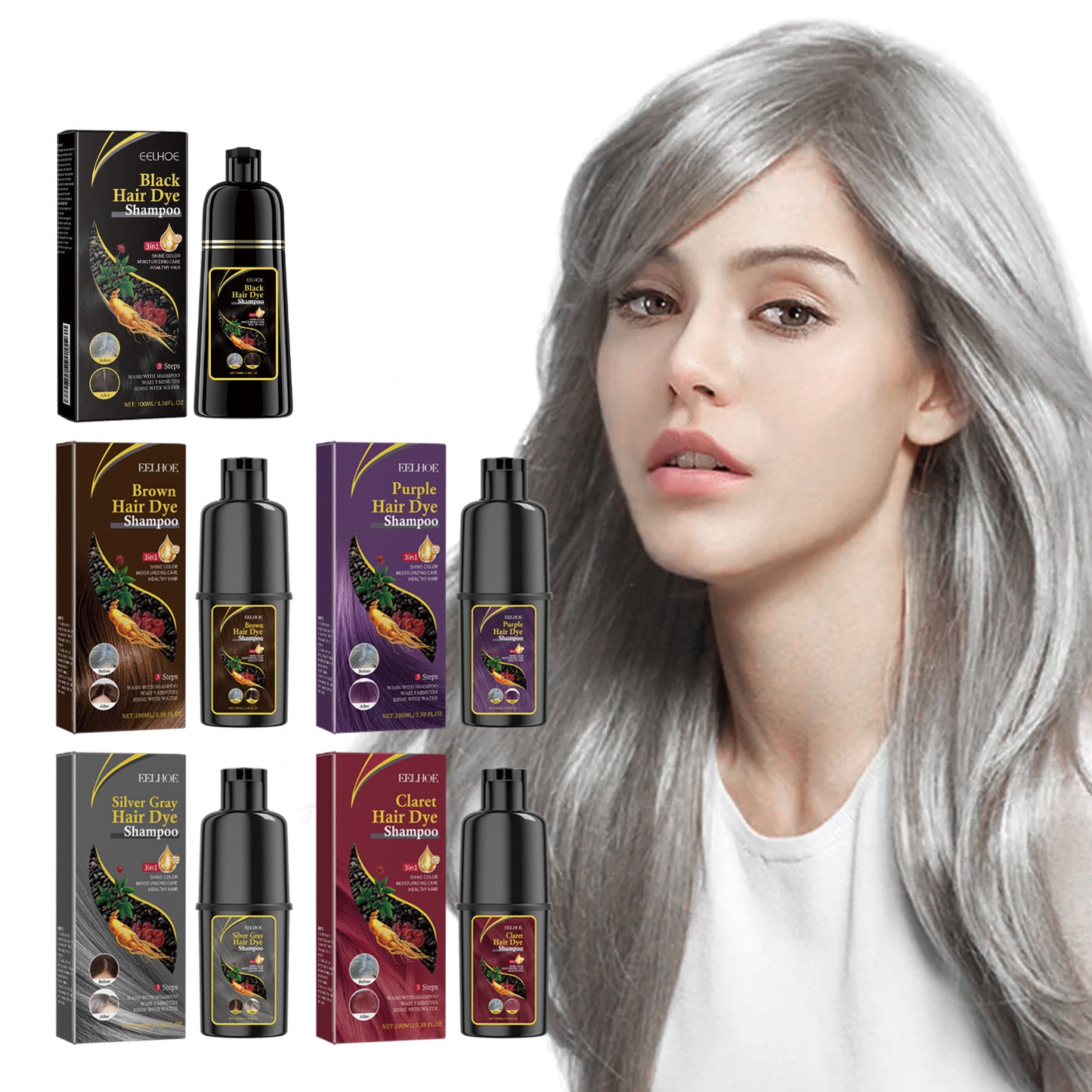 EELHOE Black Hair Dye Shampoo（Silver Gray） Mild, non-irritating, moisturizing scalp, easy color-changing hair shampoo