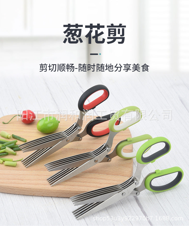 In Stock Five-Layer Scissors Stainless Steel Multi-Layer Scissors（Apple green） Shredded Scallion Scissors Herb Scissors Medicinal Herb Scissors Vegetable Scissors