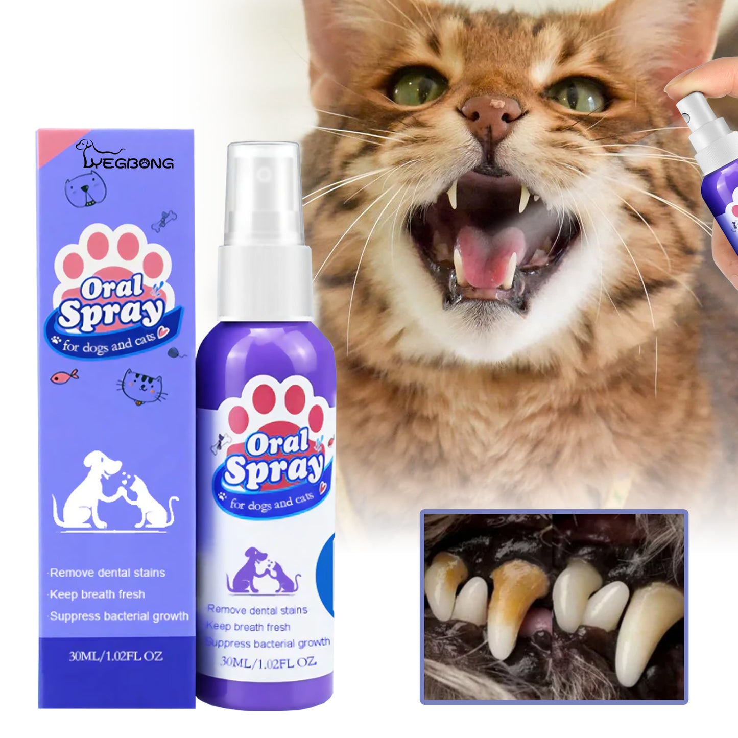 Yegbong Cat and Dog Teeth Cleaning Spray Remove Tooth Stains Freshen Breath Pet Oral Care Spray
