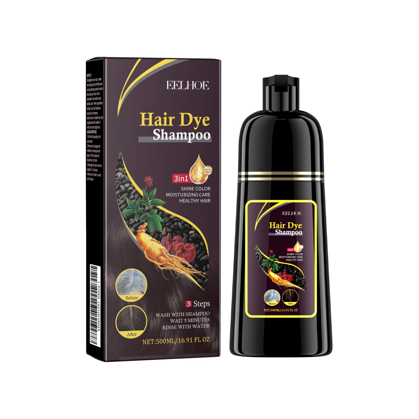 EELHOE Black Hair Shampoo（Natural Brown） Polygonum Multiflorum Essence Black Nourishing Hair Cleansing Repair Smooth Shampoo