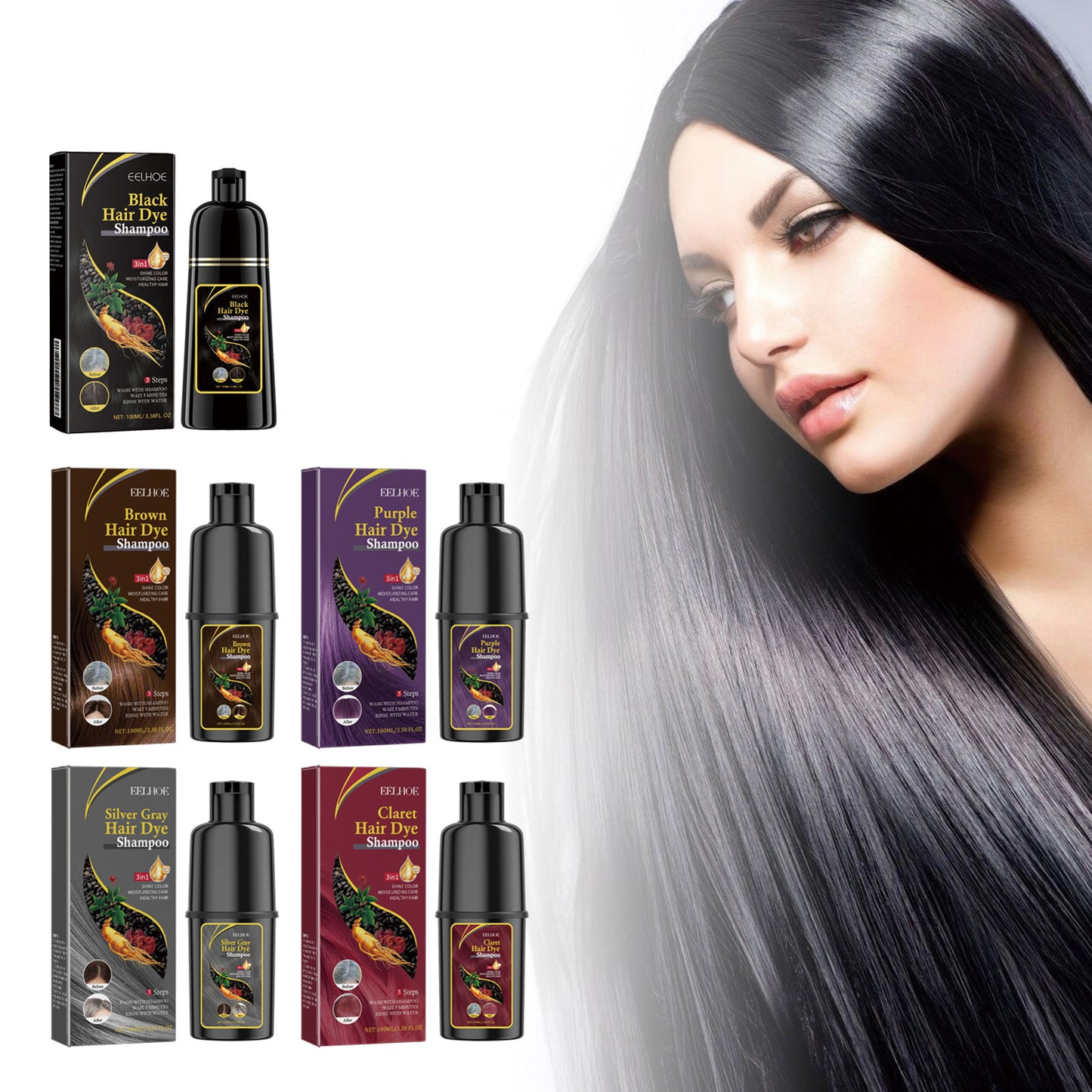 EELHOE Black Hair Dye Shampoo（Silver Gray） Mild, non-irritating, moisturizing scalp, easy color-changing hair shampoo