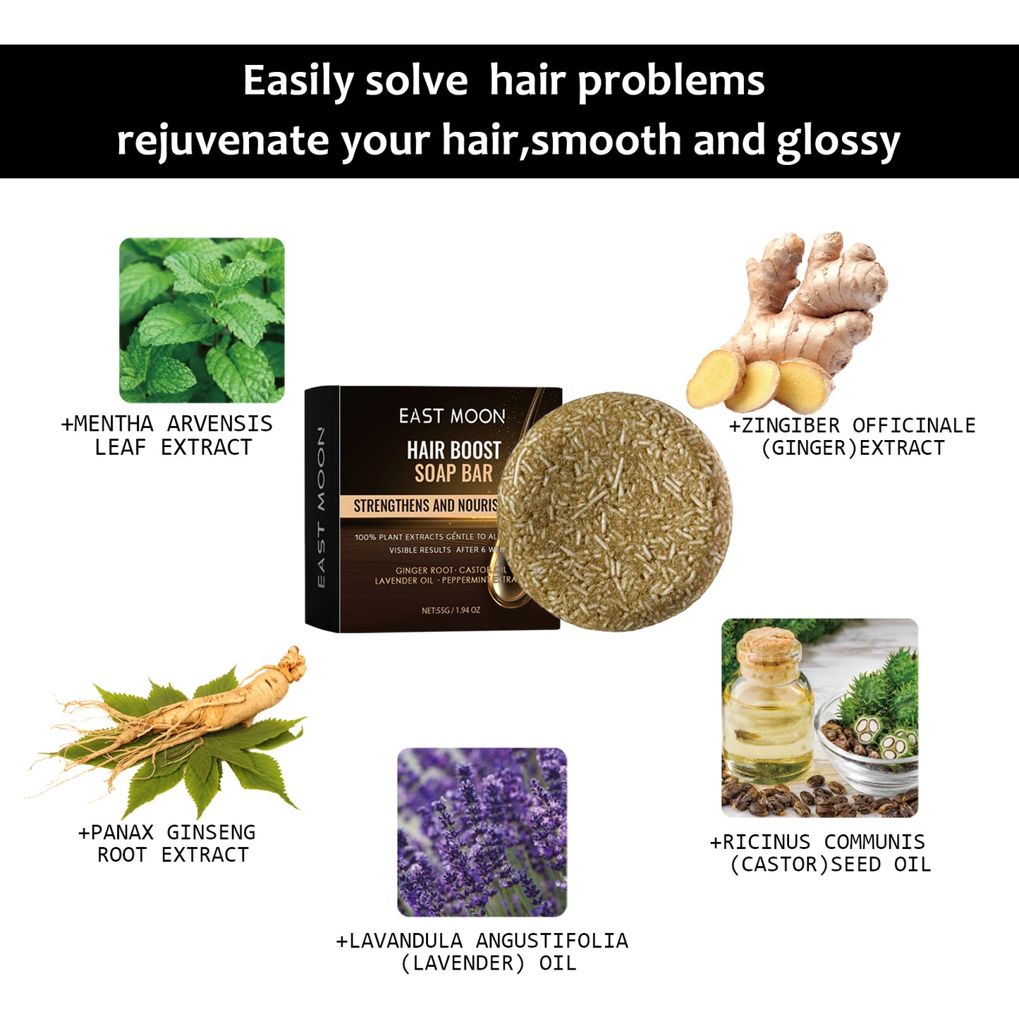 East Moon Black Hair Soap Hair nourishing, moisturizing, cleansing, smoothing hair roots, naturally black and thick hair care shampoo soap