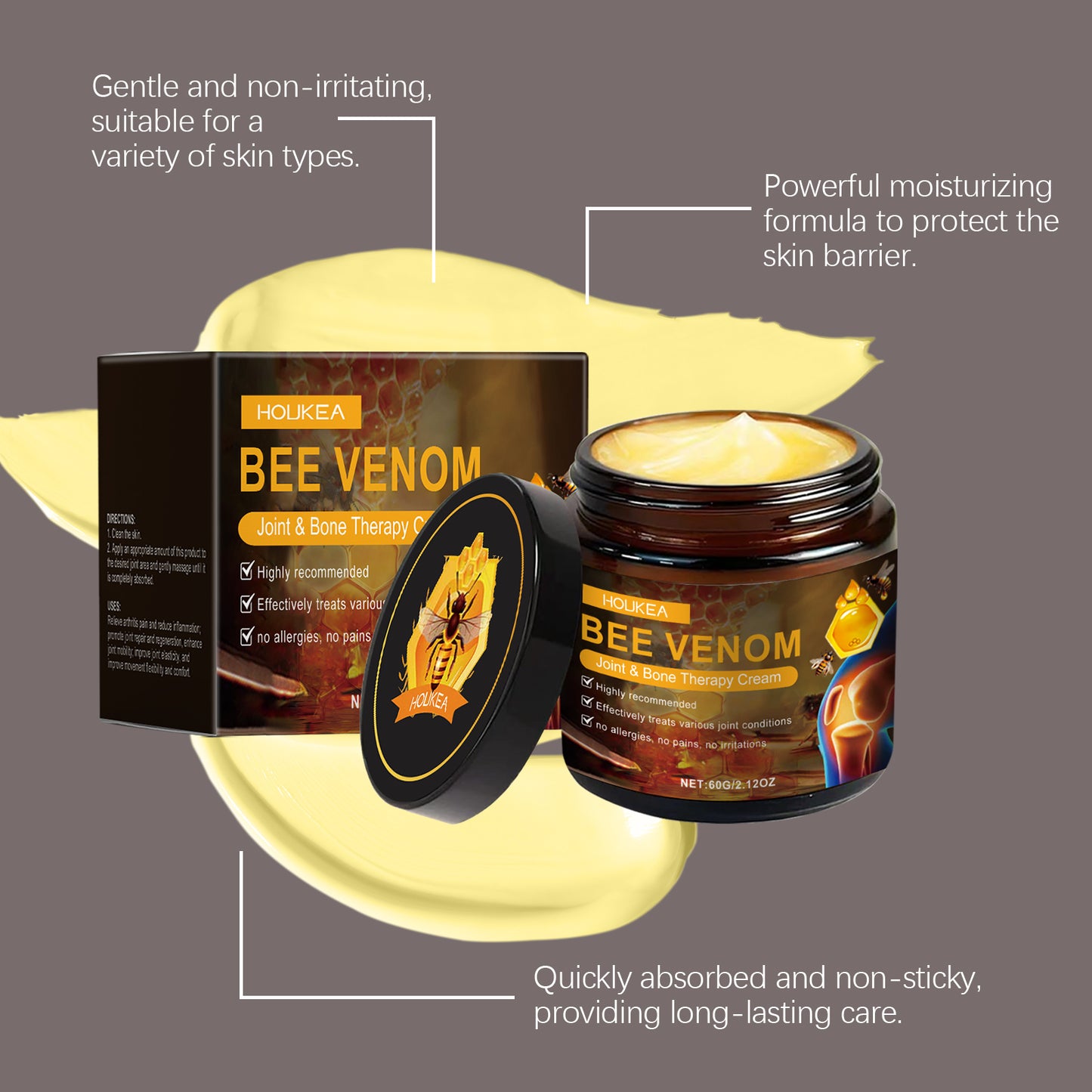 Houkea Bee Venom Joint Neck Cream Mild ingredients relieve discomfort on neck, knees, and legs for massage care application