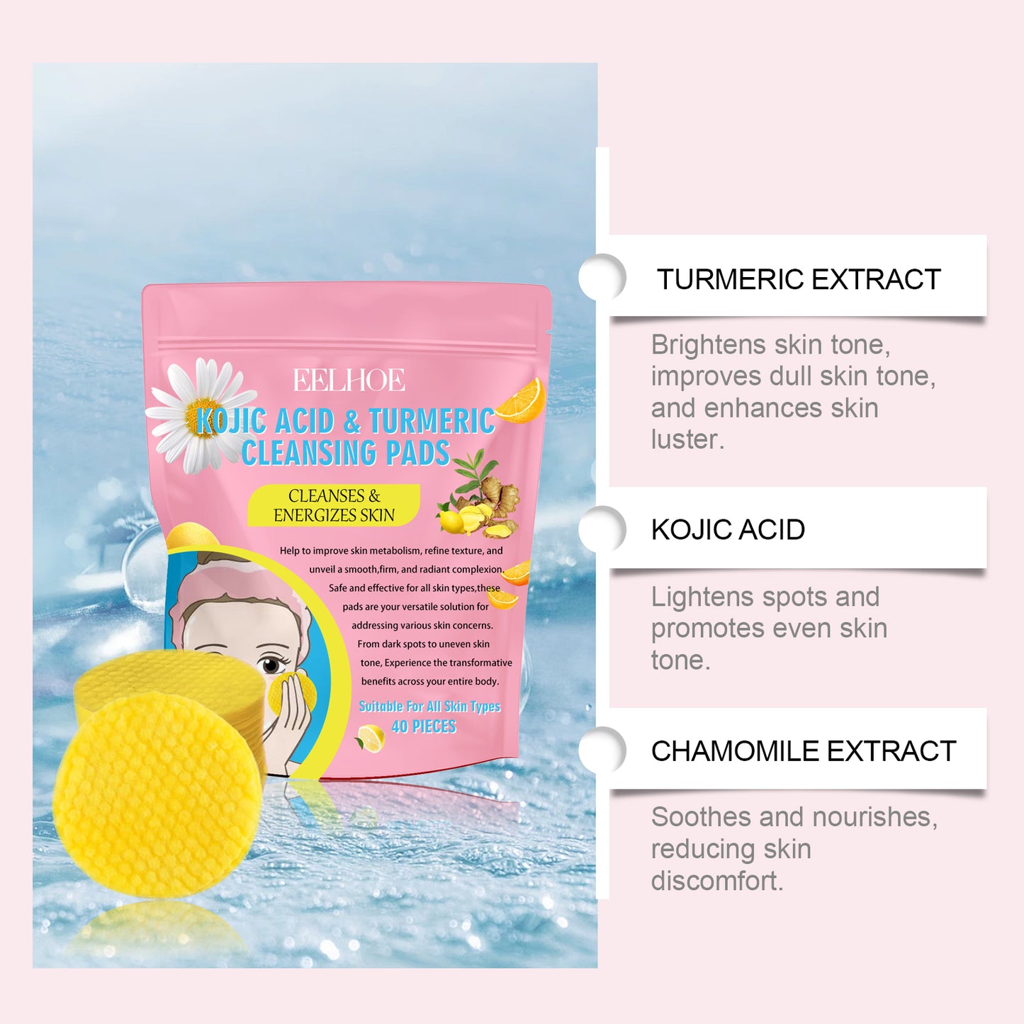 EELHOE Turmeric Kojic Acid Cleansing Pad Gentle cleansing skincare reduces acne, brightens the face, and refines pores