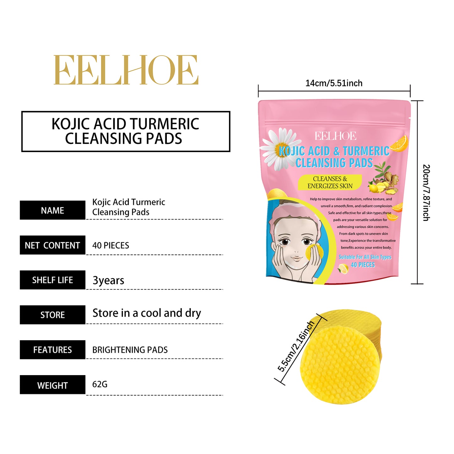 EELHOE Turmeric Kojic Acid Cleansing Pad Gentle cleansing skincare reduces acne, brightens the face, and refines pores