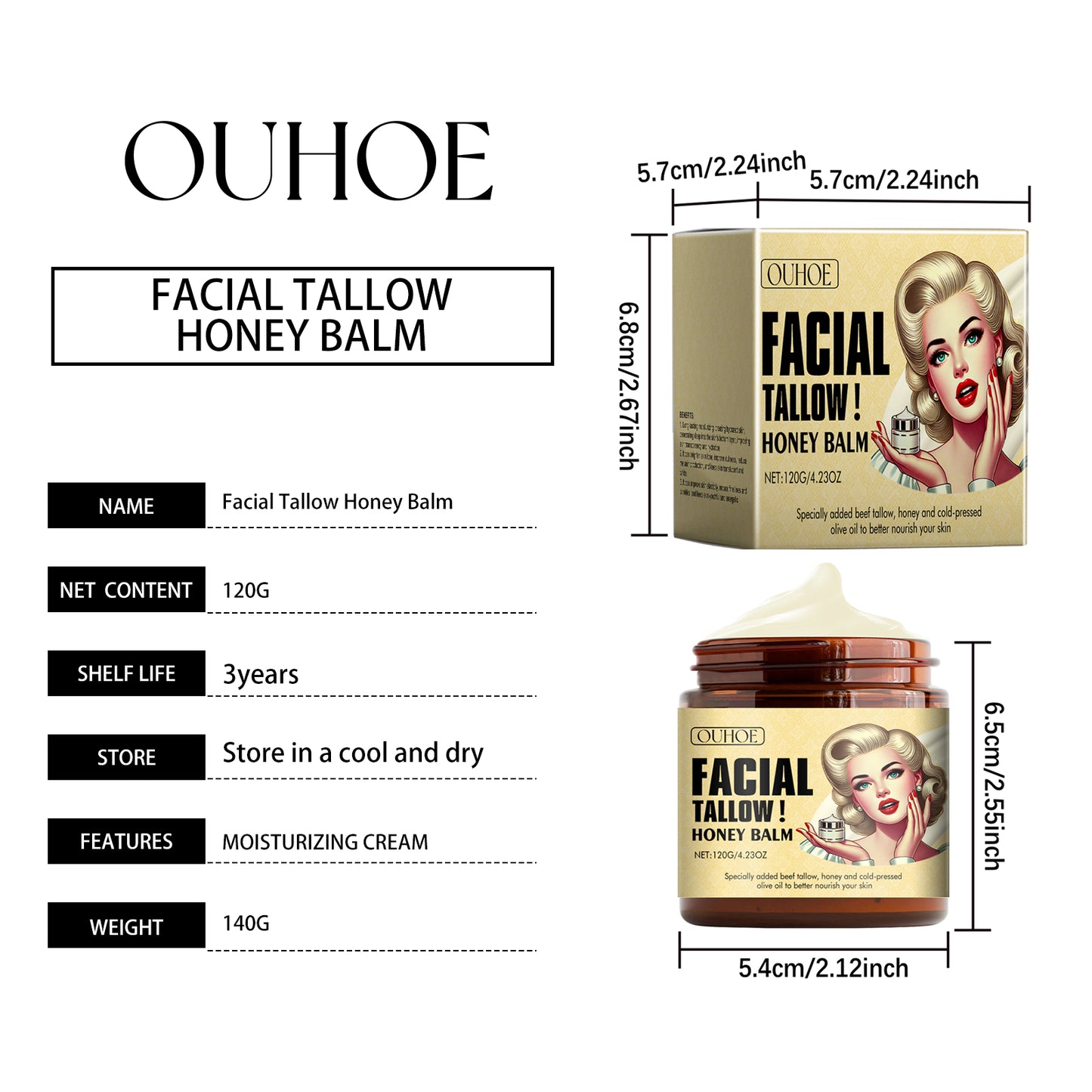 OUHOE Tallow Honey Skin Moisturizing Cream Deep Body Moisturizing Hydrating Nourishing Skin Elasticity Maintaining Body Cream