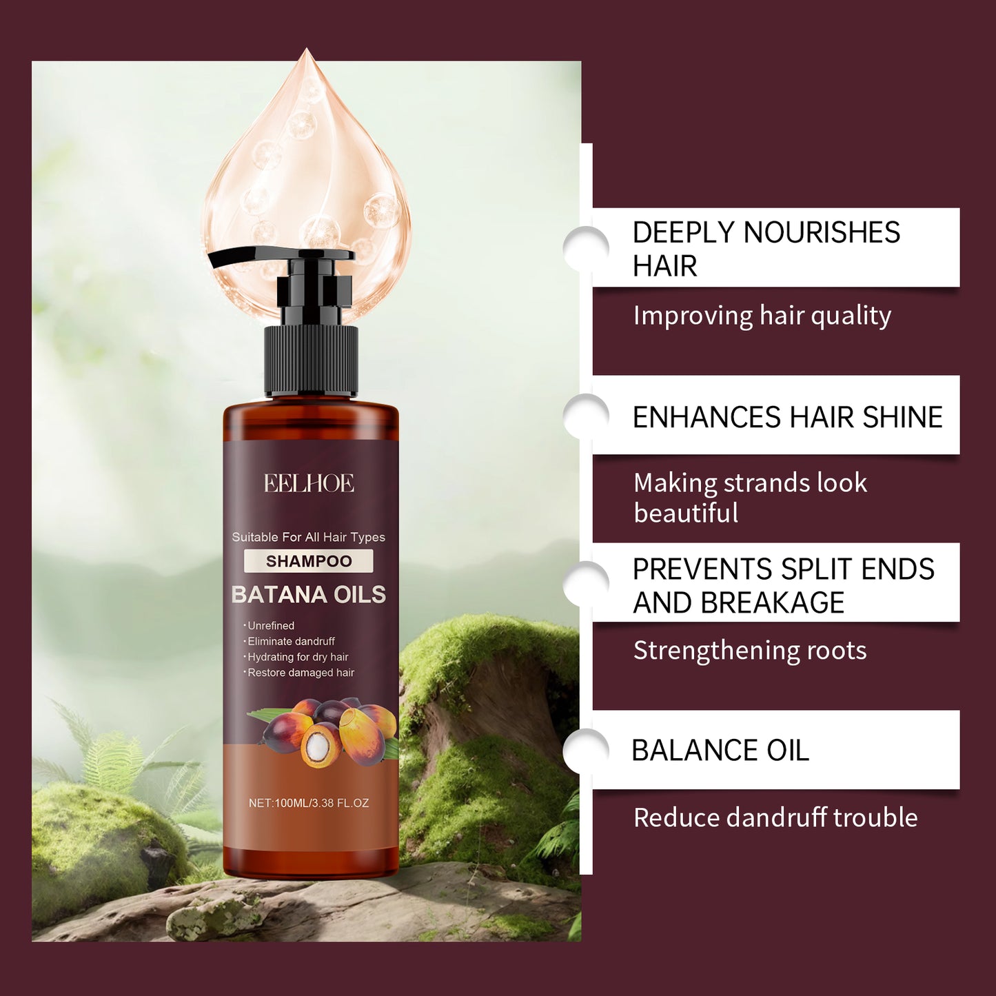 EELHOE Batana Shampoo Moisturizing, Repairing, Nourishing, Smoothing Dry and Frizzy Hair, Oil Control Shampoo