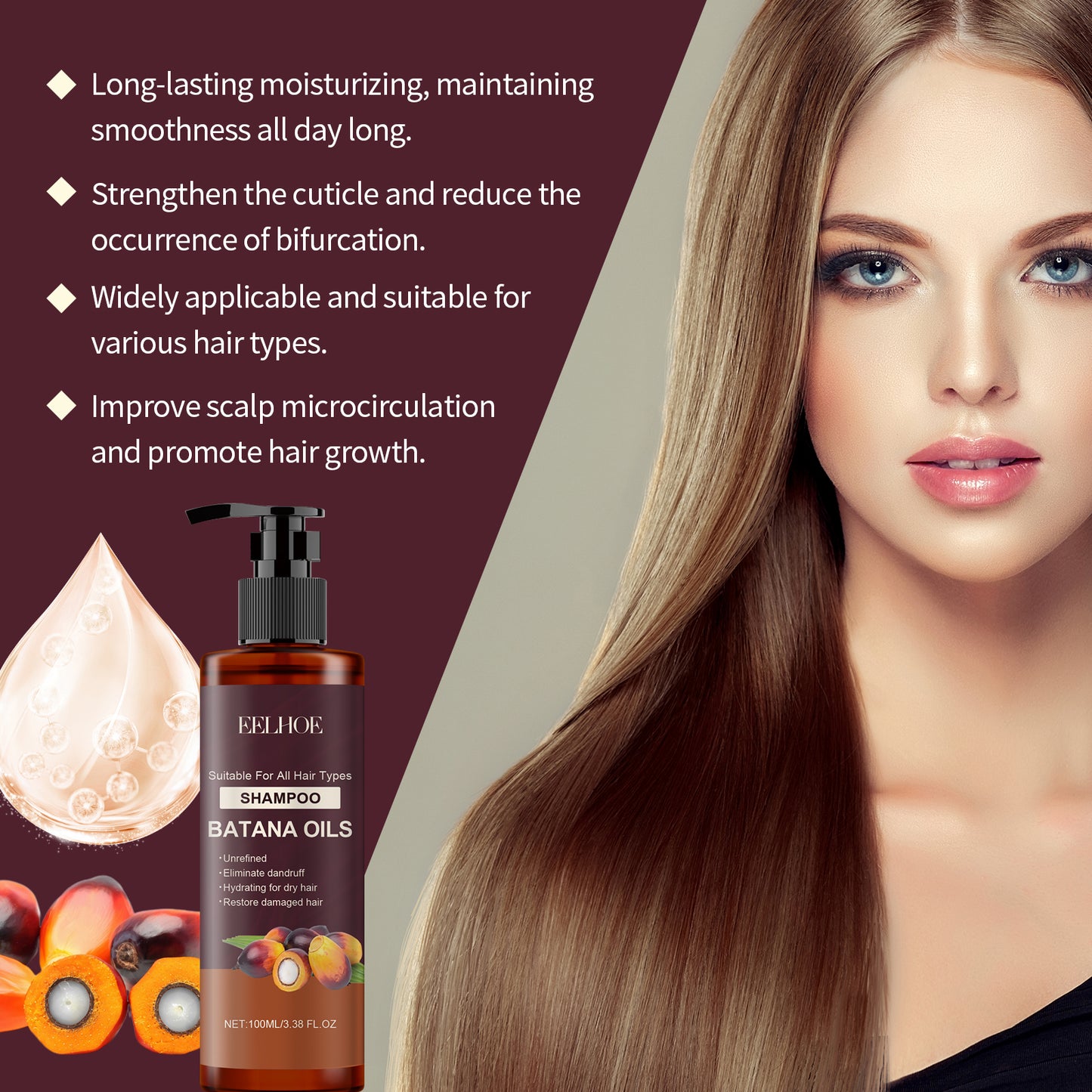 EELHOE Batana Shampoo Moisturizing, Repairing, Nourishing, Smoothing Dry and Frizzy Hair, Oil Control Shampoo