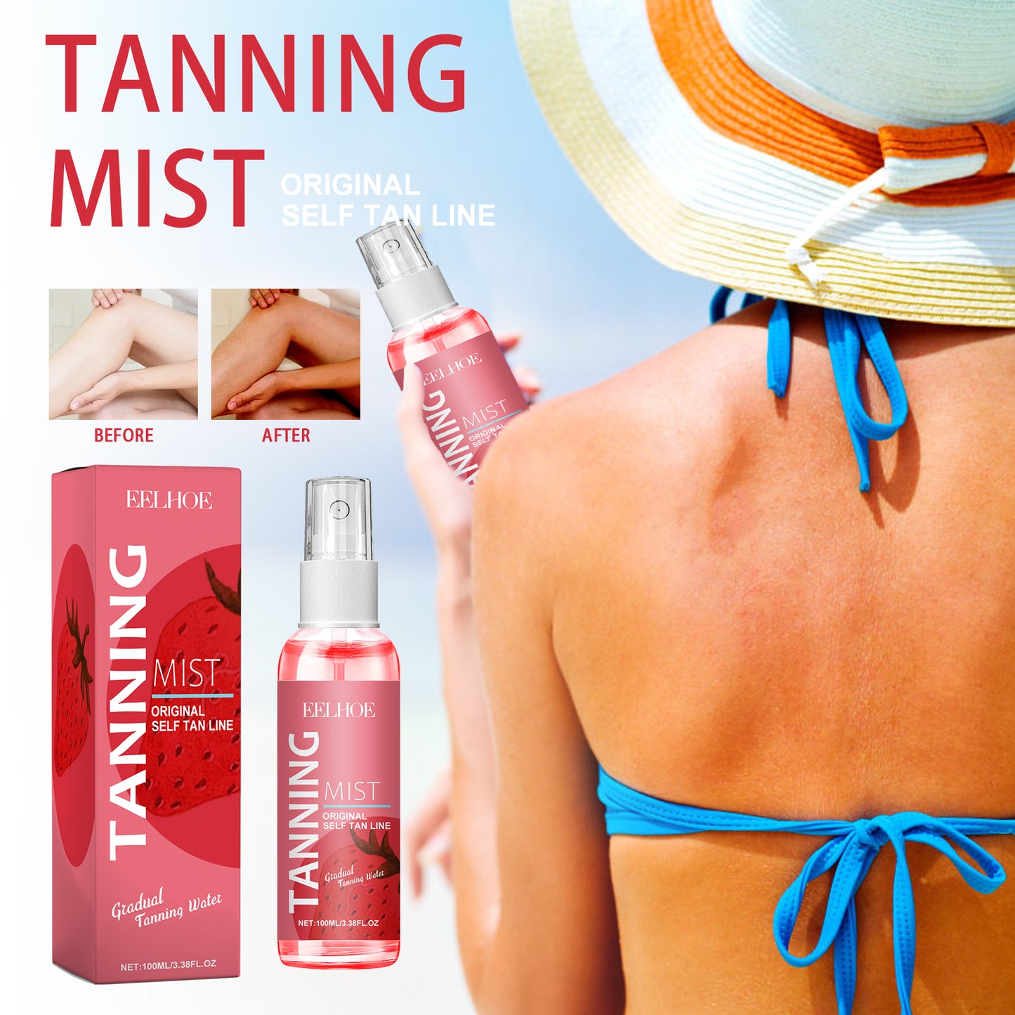 EELHOE Strawberry Tanning Aid Spray Sunless Long-lasting Self-Tanning Bronze Wheat Skin Gentle Moisturizing Skincare