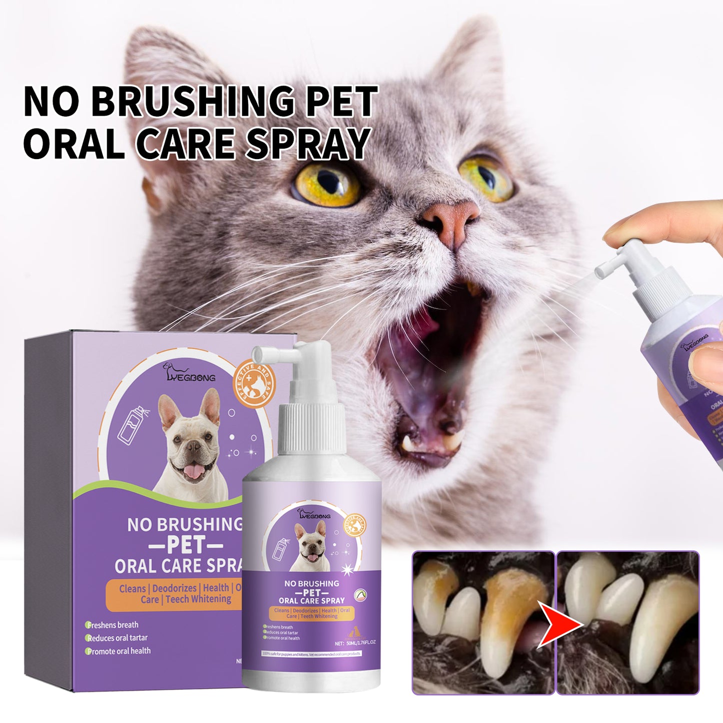 Yegbong Dog and Cat Teeth Cleaning Spray Pet Oral Cleaning Fresh Breath Deodorizing Spray
