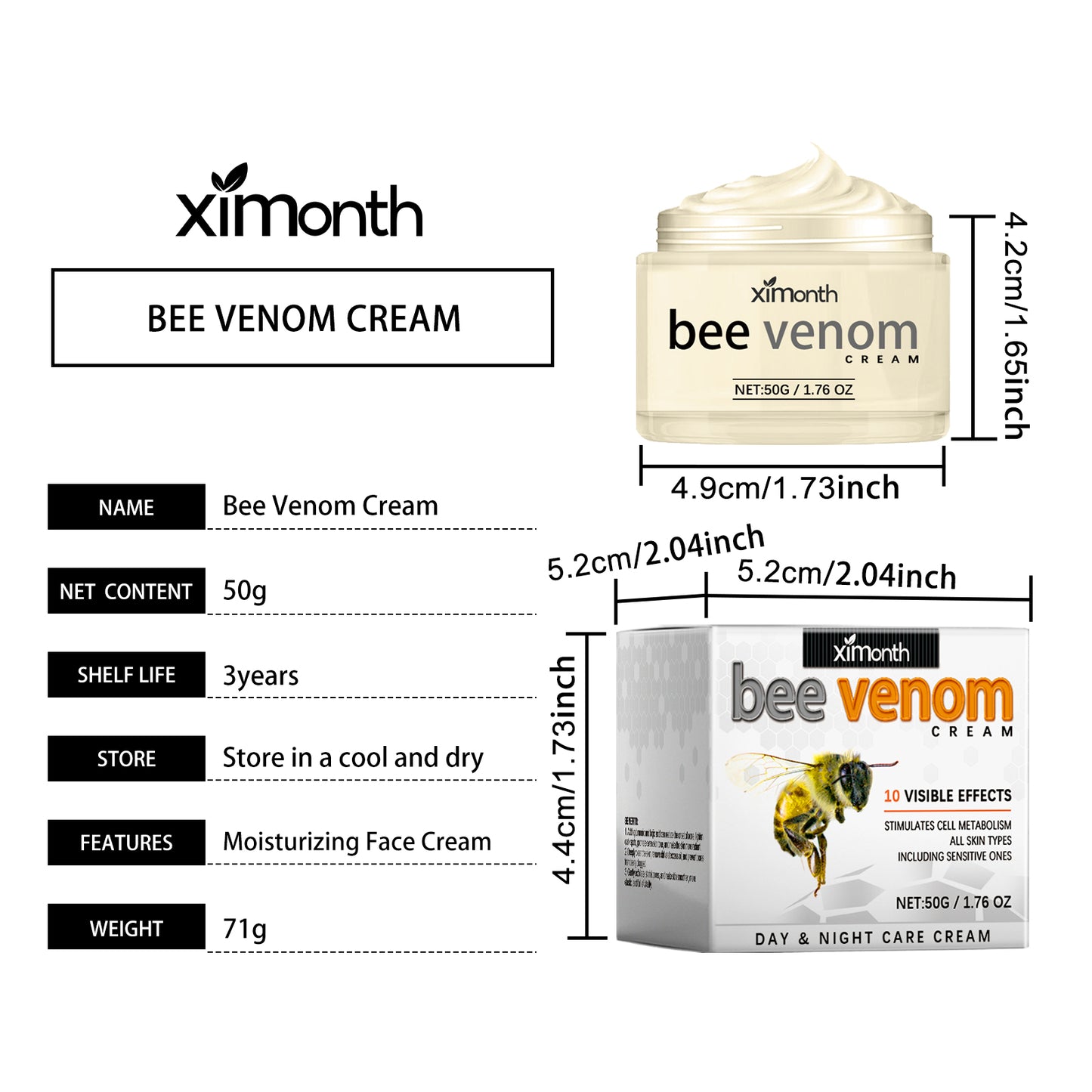 ximonth Bee Venom Anti-Wrinkle Firming Cream Facial skin moisturizing and hydrating cream for reducing fine lines and lifting skin tone