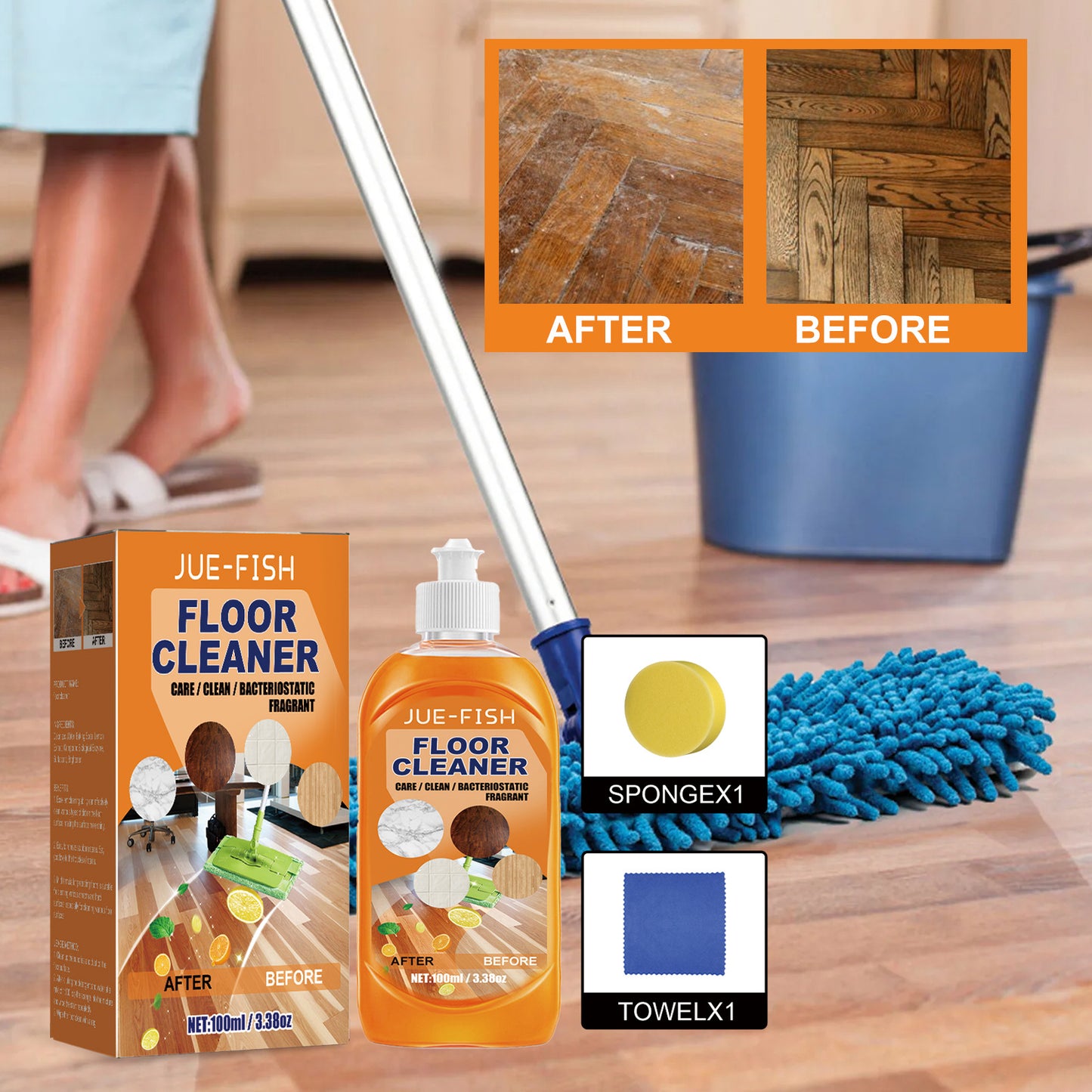 Jue-Fish Floor Cleaner Set Stain Removal and Descaling Wood Floor Cleaner Polishing and Brightening Tile Cleaner