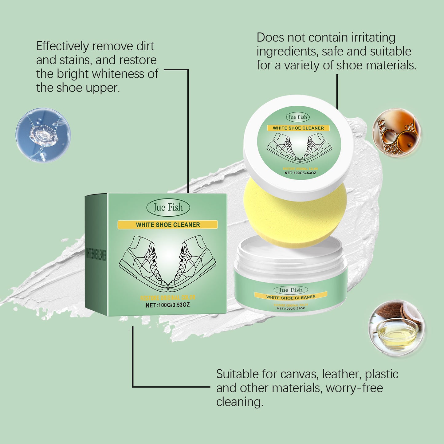Jue-Fish White Shoe Cleaning Cream Portable Cleaning Cream for Leather Shoes, Leather Bags, and White Sneakers, No-Wash Maintenance