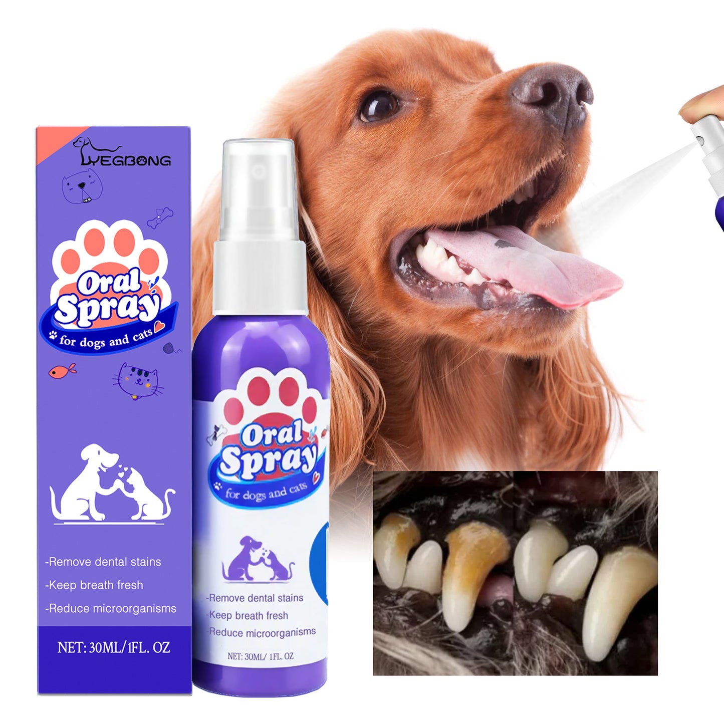 Yegbong Cat and Dog Teeth Cleaning Spray Remove Tooth Stains Freshen Breath Pet Oral Care Spray