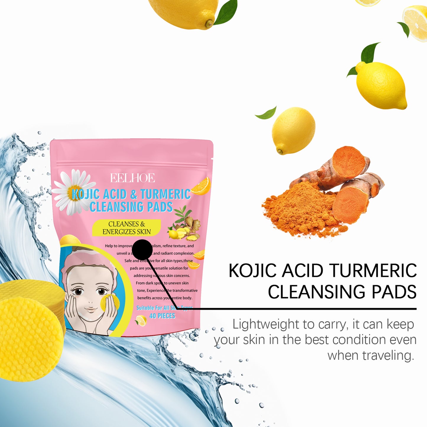 EELHOE Turmeric Kojic Acid Cleansing Pad Gentle cleansing skincare reduces acne, brightens the face, and refines pores