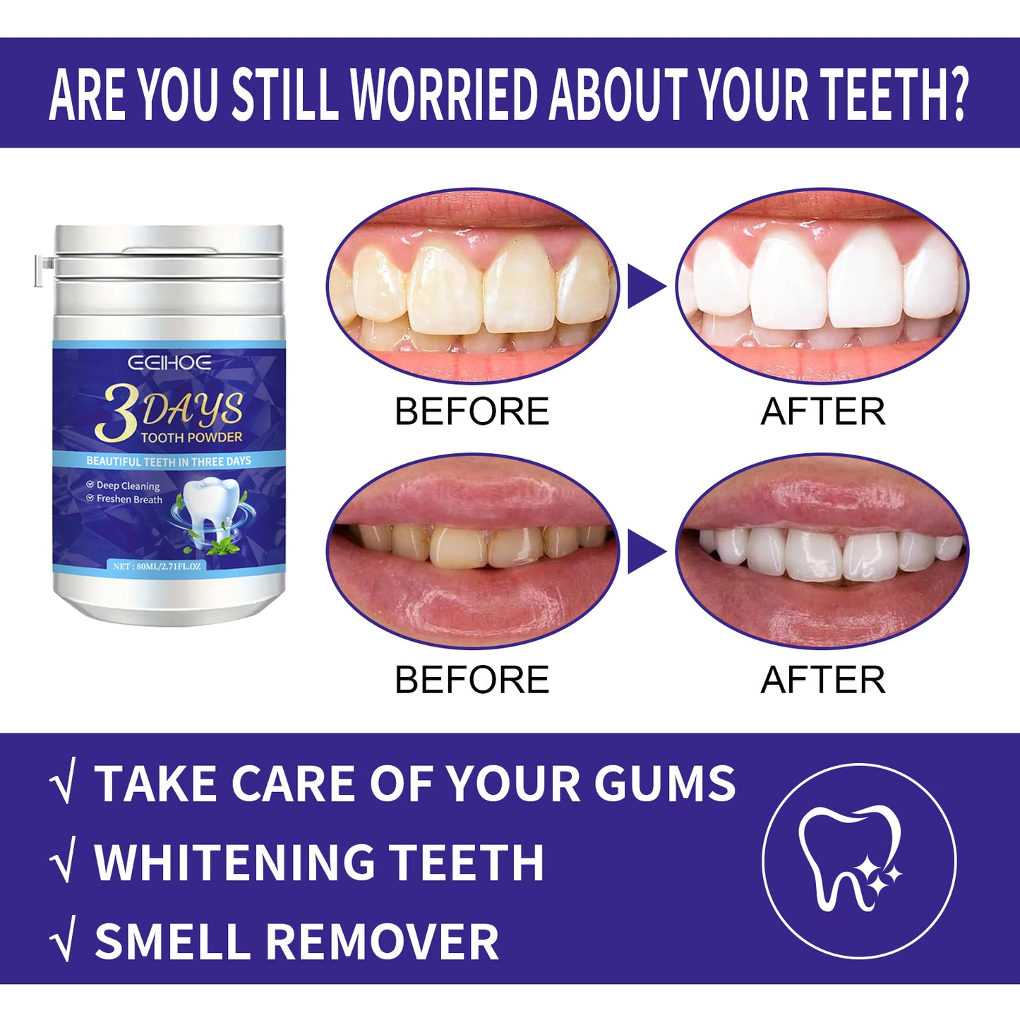 EELHOE Tooth Cleaning Powder Remove Tartar, Whiten Teeth, Clean Bad Breath, Freshen Breath, Teeth Cleaning Powder