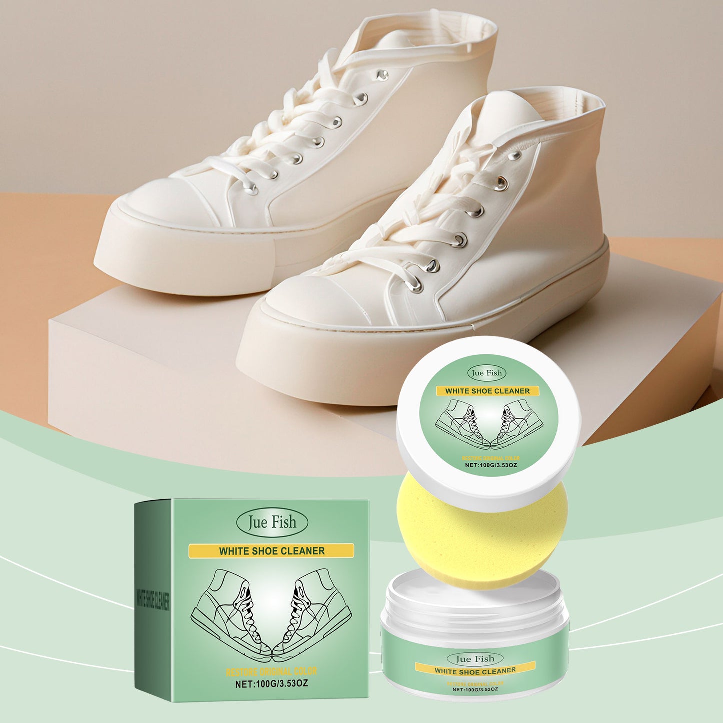 Jue-Fish White Shoe Cleaning Cream Portable Cleaning Cream for Leather Shoes, Leather Bags, and White Sneakers, No-Wash Maintenance