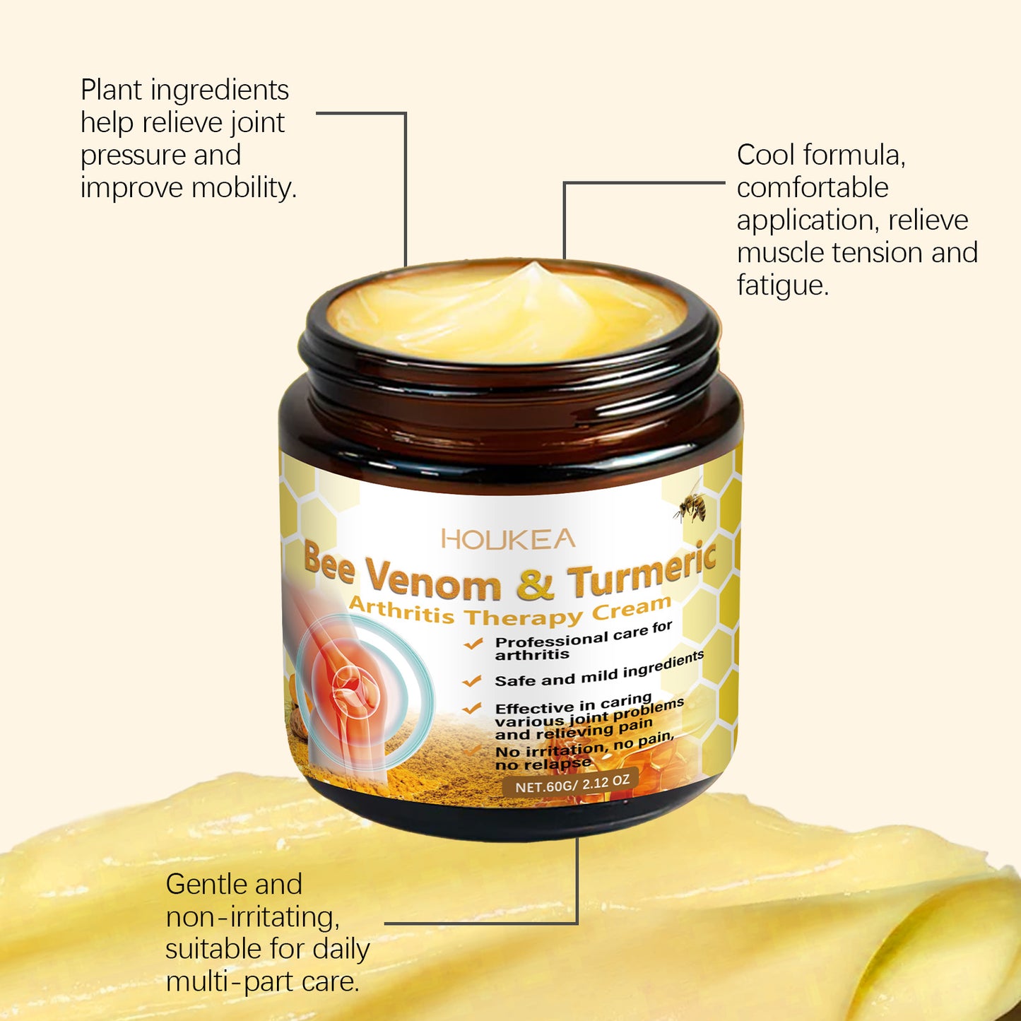 Houkea Turmeric Joint Relief Cream Gentle Care Nourishing Joint Relief Hand and Foot Joint Discomfort Massage Cream