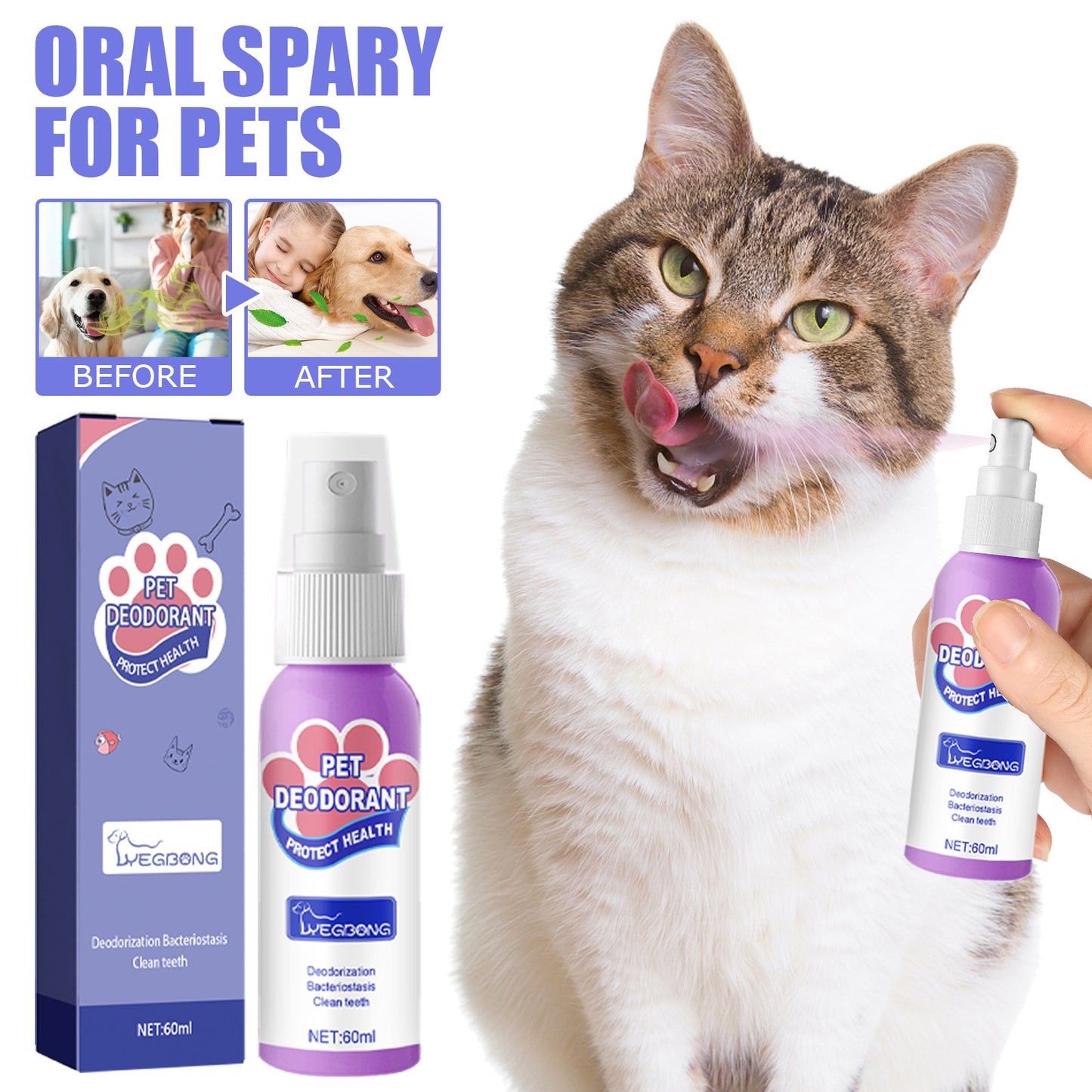 Yegbong Dog Bad Breath Eliminator Spray Pet Oral Cleaning Cat Deodorizing and Freshening Spray