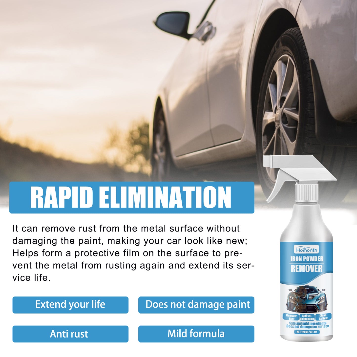 Homonth Car Iron Powder Rust Remover Car Paint Tire Rust Removal Polishing Cleaning Rust Stain Refurbishing Agent