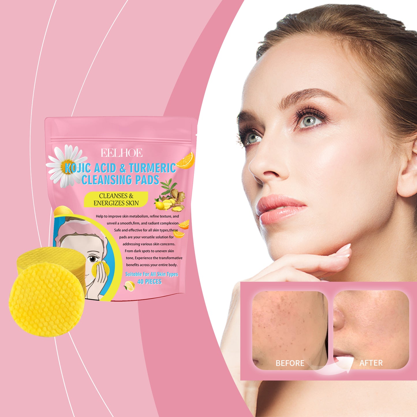 EELHOE Turmeric Kojic Acid Cleansing Pad Gentle cleansing skincare reduces acne, brightens the face, and refines pores