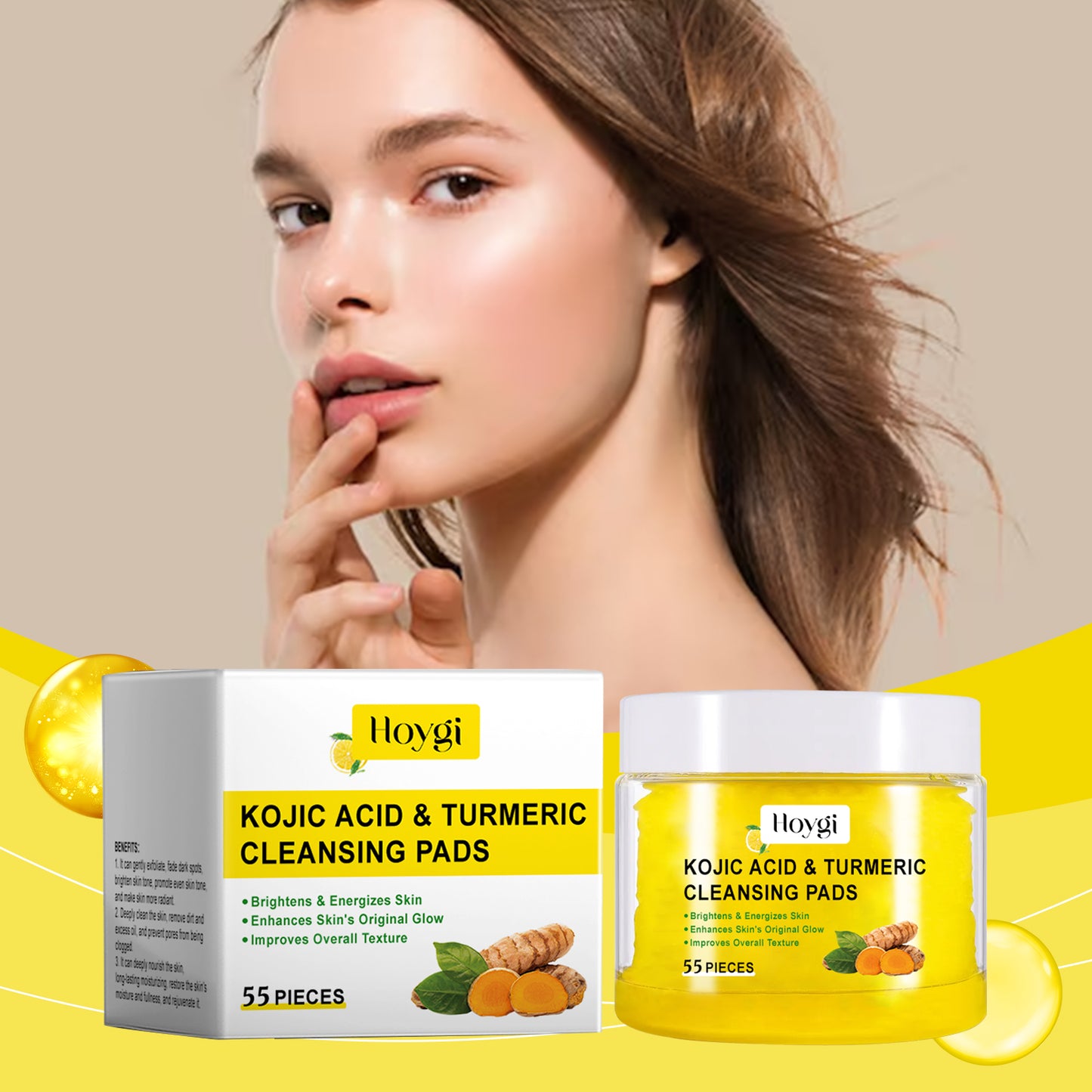 Hoygi Turmeric Cleansing and Exfoliating Pads Gentle Cleansing Brightening Skin Care Moisturizing Facial Skin Cleansing Pad