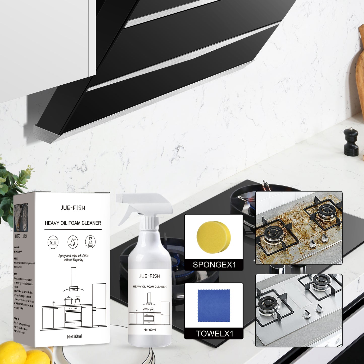 Jue-Fish Heavy Oil Stain Foam Cleaner Kitchen Stove Range Hood Sink Grease Remover Cleaner