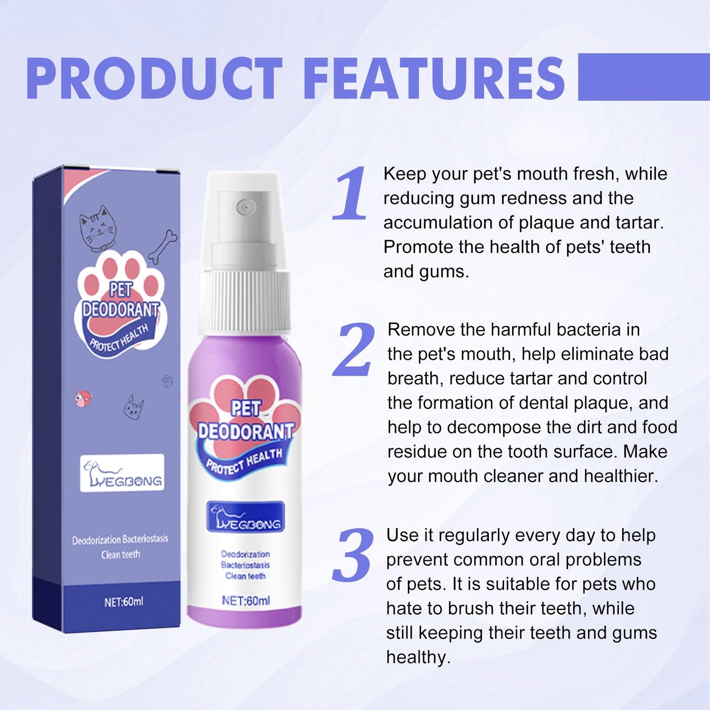 Yegbong Dog Bad Breath Eliminator Spray Pet Oral Cleaning Cat Deodorizing and Freshening Spray