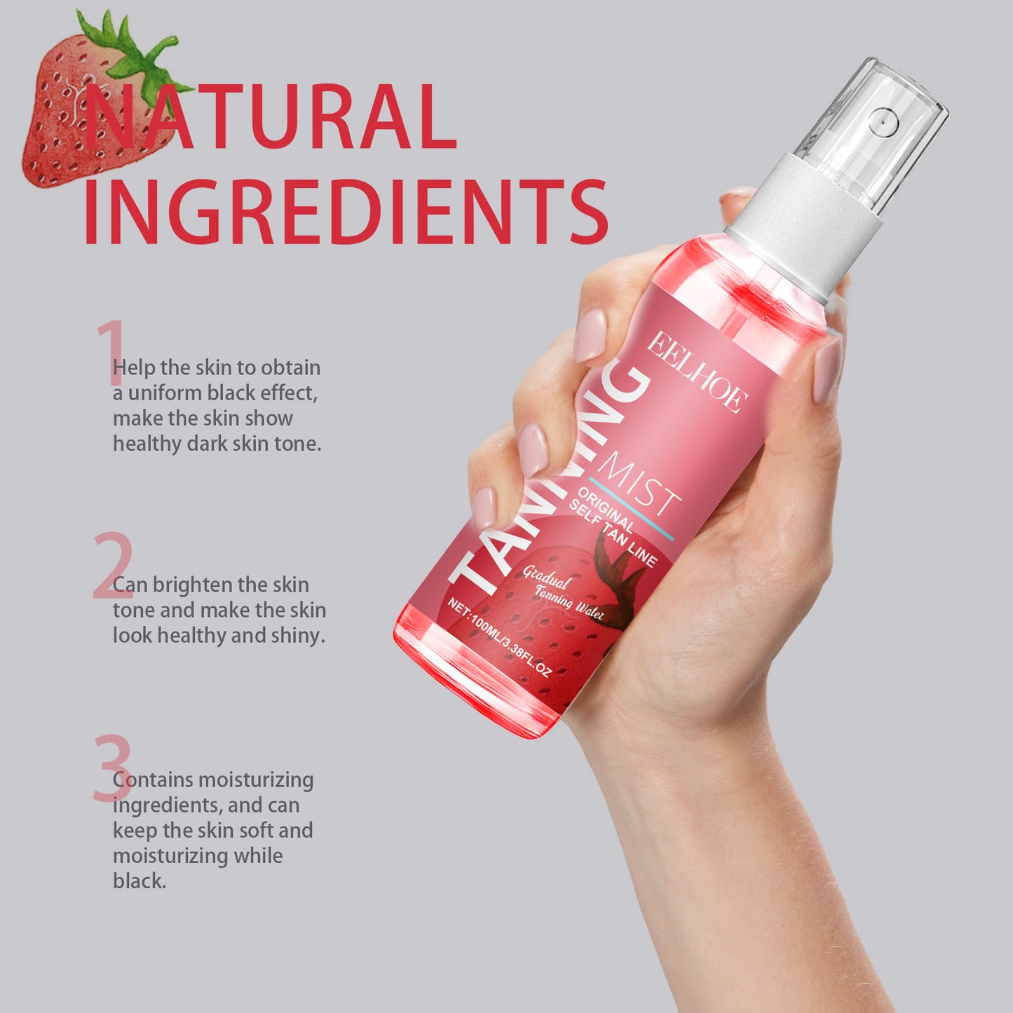 EELHOE Strawberry Tanning Aid Spray Sunless Long-lasting Self-Tanning Bronze Wheat Skin Gentle Moisturizing Skincare